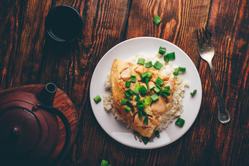 Oyakodon dish on white plate