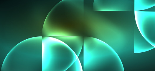 Techno glowing glass geometric shapes vector background, futuristic dark template with neon light effects and simple forms