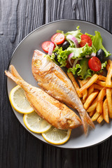 Fried pink dorado fish served with french fries and vegetable salad close-up on a plate. Vertical top view