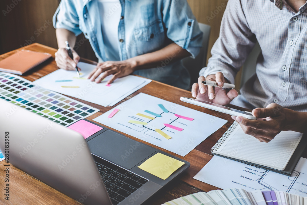 Sticker team of creative web/graphic designer planning, drawing website ux app for mobile phone application 