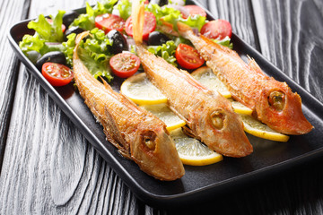 Mediterranean roasted sea fish gurnard with fresh vegetable salad and lemon close-up on the table. horizontal