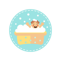 Flat style icon of happy baby bathing and playing with foam bubbles. Simple object for kid shower.