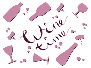 Inscription Time wine. Lettering, lines of goblets, bottles and corkscrews. for banner, print, postcard