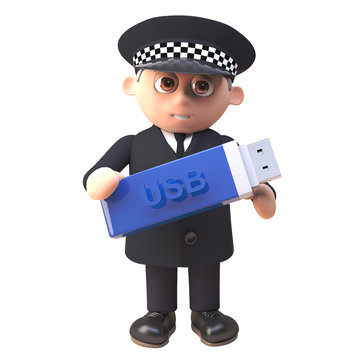 3d police officer policeman character in uniform holding a usb thumb drive memory stick for data backup, 3d illustration