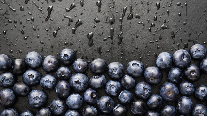 Close-up of ripe and juicy fresh picked blueberries with water drops.