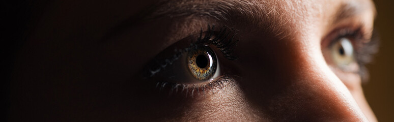 close up view of human eye looking away in dark, panoramic shot