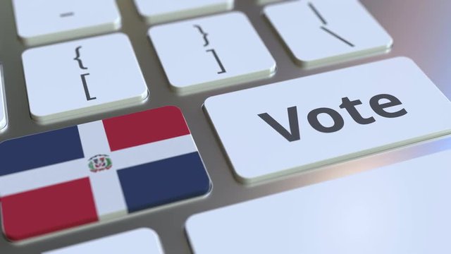 VOTE text and flag of the Dominican Republic on the buttons on the computer keyboard. Election related conceptual 3D animation