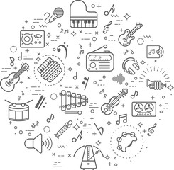 Simple Set of music and sound Related Vector Line Illustration. Contains such Icons as musical note, guitar, radio and instrument and Other Elements.. Modern style line drawing and background color wh
