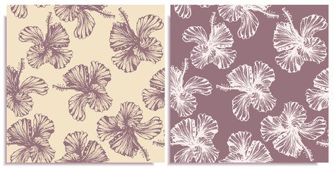 Vector set of seamless patterns with wonderful colorful hibiscus, hand-drawn in graphic and real-style at the same time. Delicate colors: pink, purple,white. Looks vintage, beautiful, holiday decor