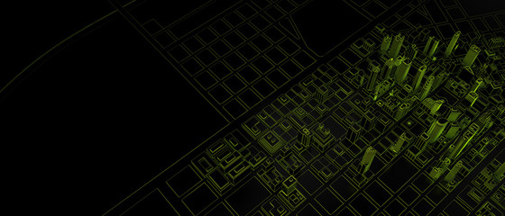 black low poly city with green outlines