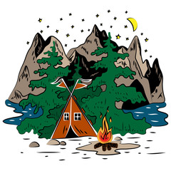 Graphic illustration of a resting place in the forest in a tent in color. Mountain landscape with a forest and a tent with a fire. Illustration for t-shirts, trenches or covers.