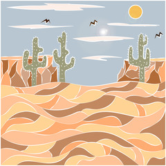 Abstract illustration of desert, mountains and cacti. Nature in an abstract style.