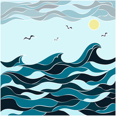 Abstract drawing in the style of a dudling sea, waves and sky. Nature in an abstract style.