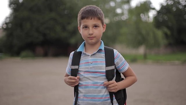 Cute little boy with backpack go home after scholl class
