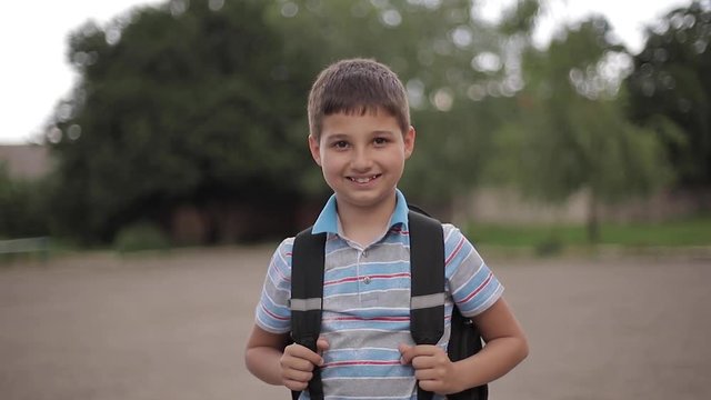 Cute little boy with backpack go home after scholl class