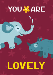Fototapeta premium Happy african animal cute character. Cartoon colorful poster, flyer, banner, card, brochure 