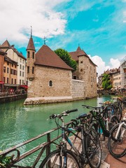 Fototapeta premium Medieval castle on the canal in the French city of Annecy resort. Department of Upper Savoy. France.