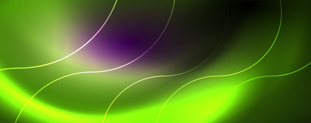 Shiny neon lights, dark abstract background with blurred magic neon light curved lines