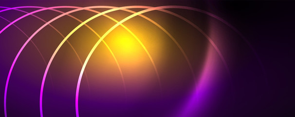 Shiny neon lights, dark abstract background with blurred magic neon light curved lines