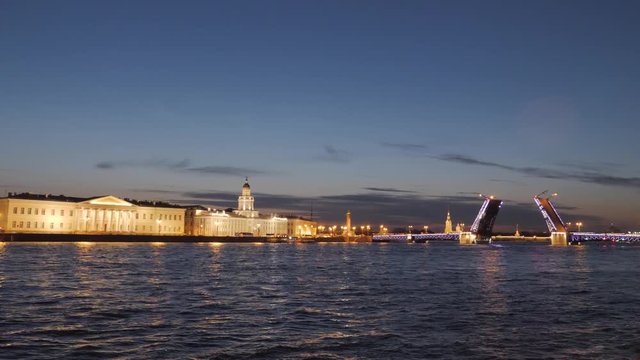 Amazing view of divorce Palace Bridge Dvortsovy over Neva River at Saint Petersburg, Russia. White nights in St. Petersburg.
