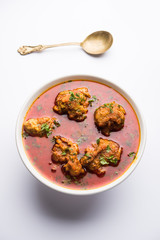 Lauki Kofta Curry made using Bottel Gourd or Doodhi, served in a bowl or karahi. selective focus