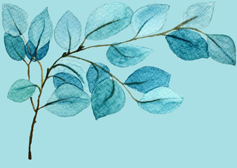 Blue retro exotic menthol branch with leaves on blue background. Ornate delicate watercolor flowers for wedding invitations, greeting cards, blogs, posters