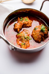 Lauki Kofta Curry made using Bottel Gourd or Doodhi, served in a bowl or karahi. selective focus