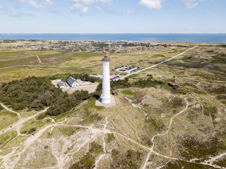 Aerial Drone View of Lyngvig Lighthouse in Denmark