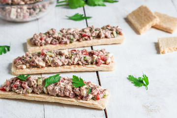 tuna salad with vegetables and boiling egg on  crispbread healthy sandwiches