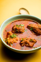 Lauki Kofta Curry made using Bottel Gourd or Doodhi, served in a bowl or karahi. selective focus
