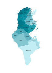 Vector isolated illustration of simplified administrative map of Tunisia. Borders and names of the governorates (regions). Colorful blue khaki silhouettes