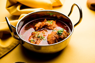 Lauki Kofta Curry made using Bottel Gourd or Doodhi, served in a bowl or karahi. selective focus