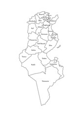 Vector isolated illustration of simplified administrative map of Tunisia. Borders and names of the governorates (regions). Black line silhouettes
