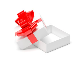 Gift box decorated with ribbon. Open empty container with red bow