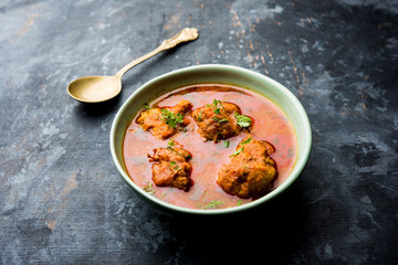 Lauki Kofta Curry made using Bottel Gourd or Doodhi, served in a bowl or karahi. selective focus