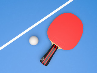 Red table tennis racket with ball. On blue background