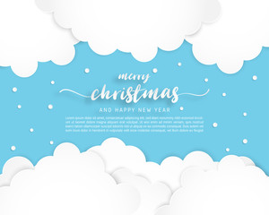 Merry Christmas and Happy new year greeting card in paper cut style. Vector illustration Christmas celebration background with clouds and snowflakes in sky. Banner, flyer, poster, wallpaper, template.