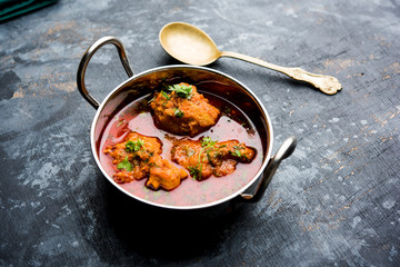 Lauki Kofta Curry made using Bottel Gourd or Doodhi, served in a bowl or karahi. selective focus