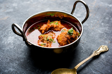Lauki Kofta Curry made using Bottel Gourd or Doodhi, served in a bowl or karahi. selective focus