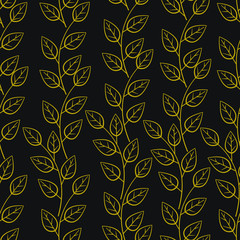 Vector seamless pattern with vertical branches. Simple golden branches with leaves on black background. 