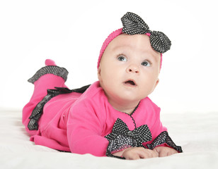 Portrait of cute baby girl on white background