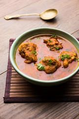 Lauki Kofta Curry made using Bottel Gourd or Doodhi, served in a bowl or karahi. selective focus