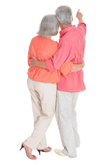 Perfect old couple posing on a white background, back view