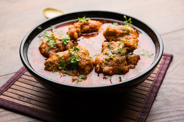 Lauki Kofta Curry made using Bottel Gourd or Doodhi, served in a bowl or karahi. selective focus