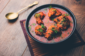 Lauki Kofta Curry made using Bottel Gourd or Doodhi, served in a bowl or karahi. selective focus