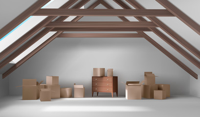 House attic interior, mansard room with cardboard boxes and wooden chest of drawers, empty spacious place on roof with beams ceiling, white floor, walls, wide window, Realistic 3d vector illustration © vectorpocket