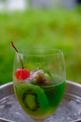 close up kiwi pudding on table