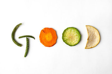 Dried vegetables chips on white background