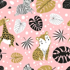 Poster Tropical palms and animals leaves seamless pattern. Botanical summer leaf background. Stylish, trendy design. Vector illustration © artnis