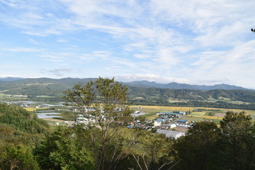 Fototapeta na wymiar Landscape with town and mountain in Toya, Hokkaido, Japan